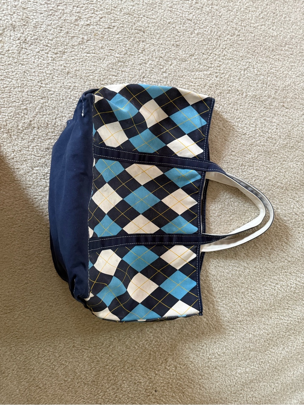 L.L. Bean Navy Blue Argyle Tote with Light Blue and White Accents - vintage